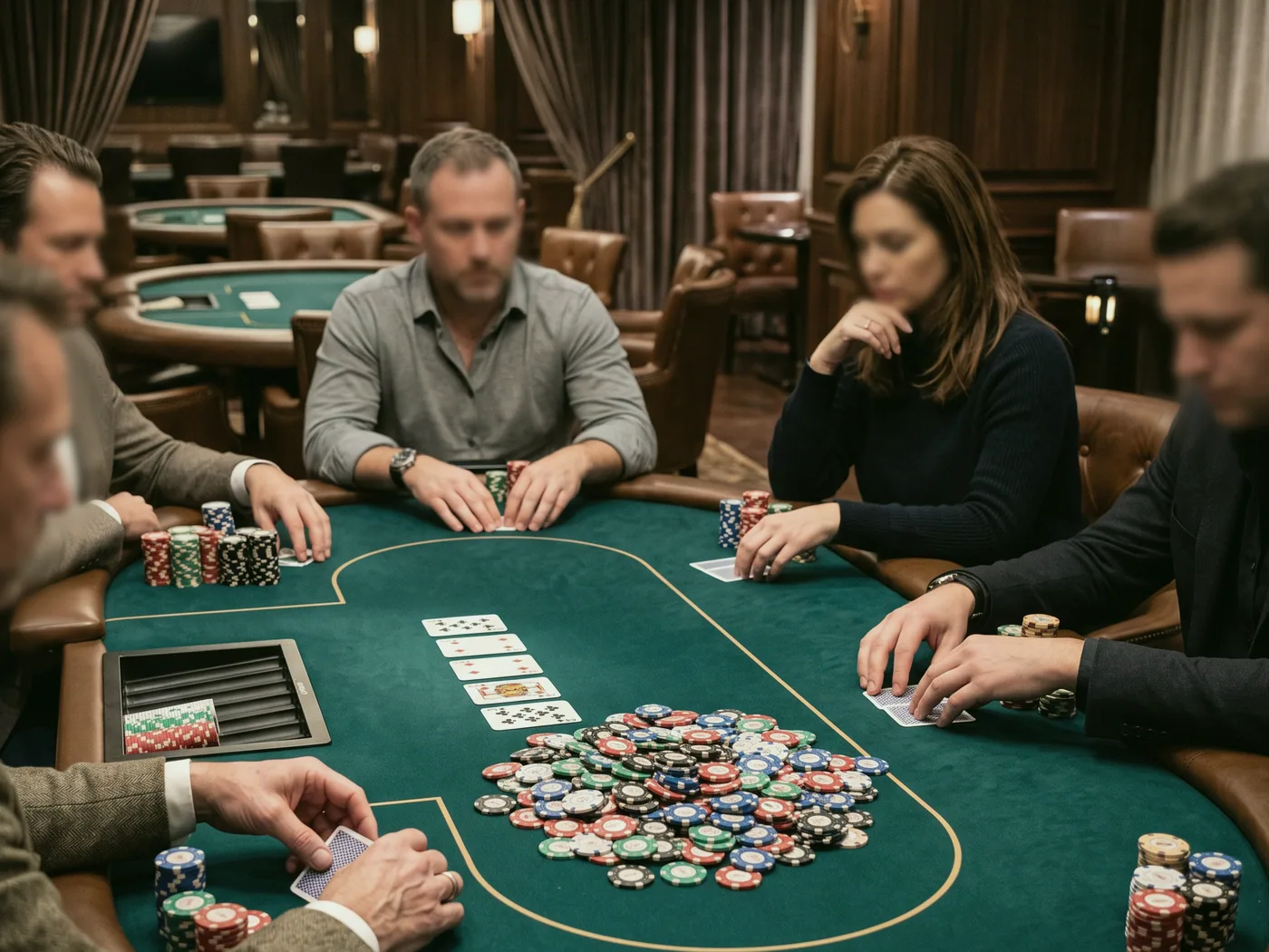 A dealer's hands fan five hundred cards across the green baize.