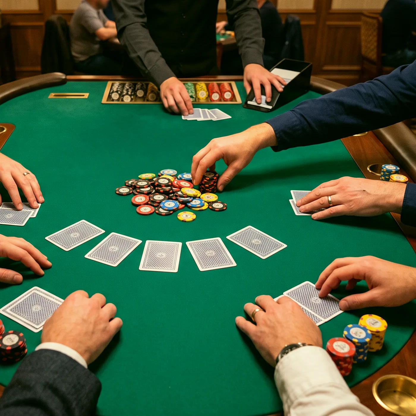 A stack of house chips resting on the rail of a card table.